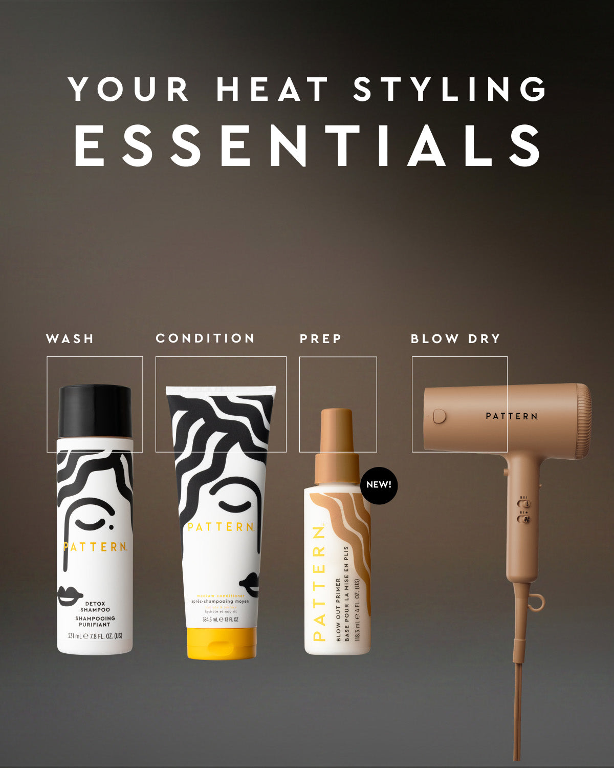 Pattern Heat Styling Essentials set featuring a hair dryer, shampoo, conditioner, and styling cream arranged on a dark gradient background with labeled steps: Wash, Condition, Prep, and Blow Dry.