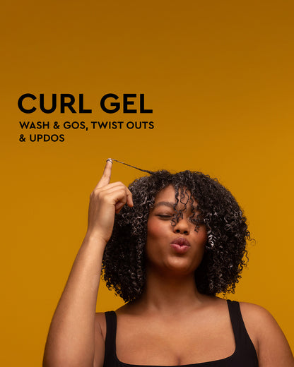 Curl Gel - Brown glass jar of PATTERN Beauty Curl Gel with black lid and yellow label, curl styling for coily hair.