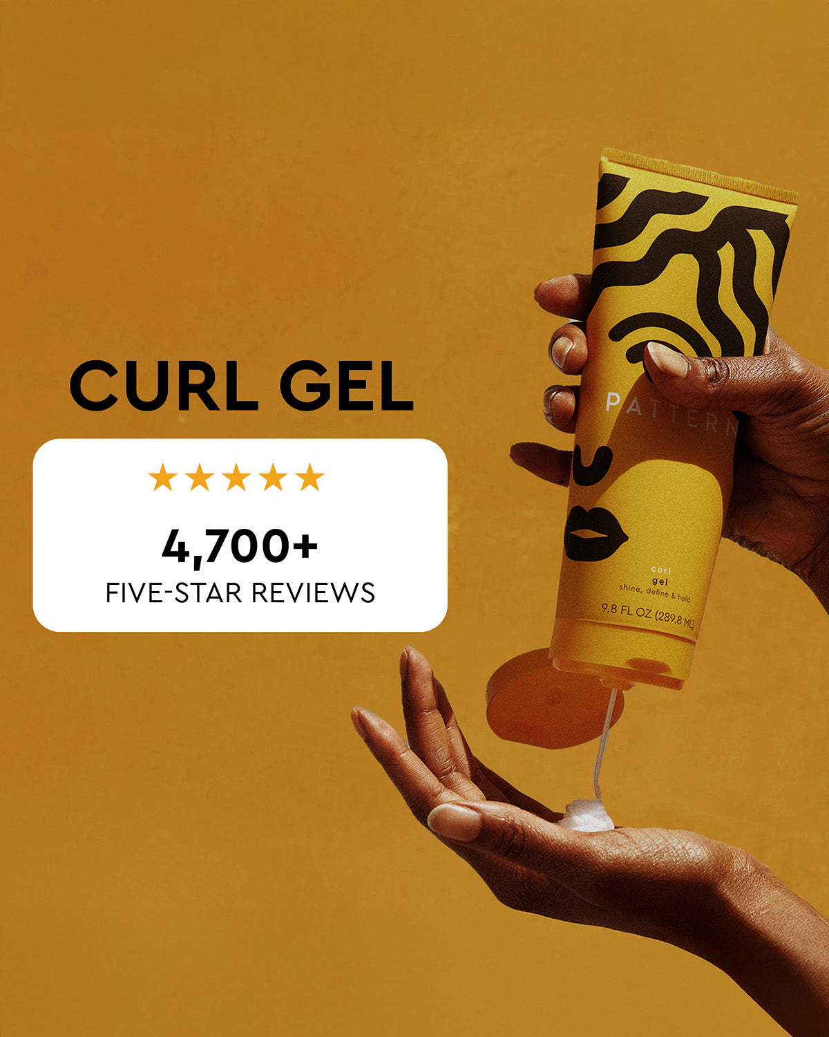Curl Gel - Yellow squeeze tube of PATTERN Beauty Curl Gel with black abstract face design, dispensing clear gel into hand.