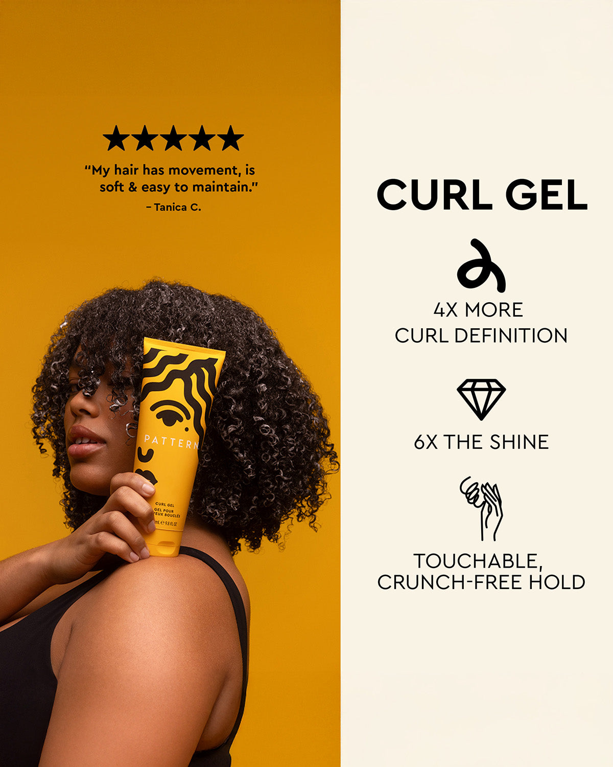 Curl Gel - Yellow and black tube of PATTERN Beauty Curl Gel held by woman with curly hair against yellow background.