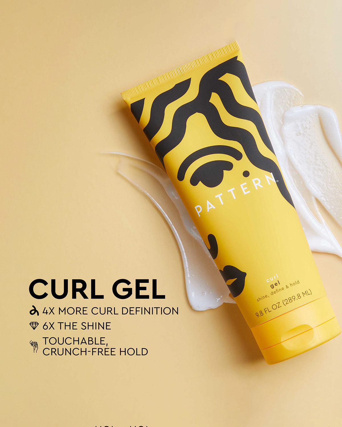Curl Gel - Yellow squeeze tube of PATTERN Beauty Curl Gel with black wavy lines and white text on beige background.