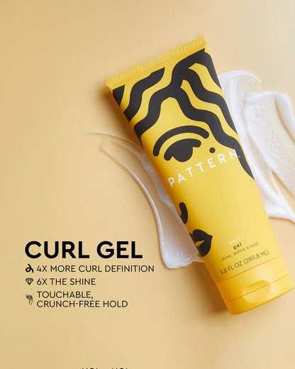 Curl Gel - Yellow squeeze tube of PATTERN Beauty Curl Gel with black wavy lines and white text on beige background.