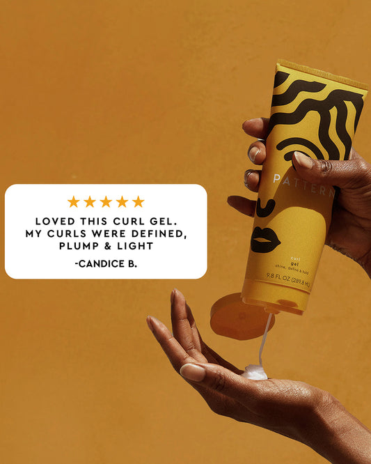 Curl Gel - Yellow squeeze tube of PATTERN Beauty Curl Gel with black abstract wave design, gel dispensing from nozzle onto open hand.