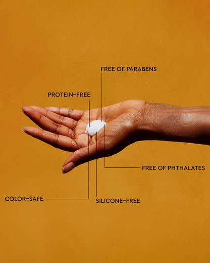 Curl Gel - Hand holding white curl gel with text highlighting free of parabens, phthalates, silicone, protein, and color-safe on.