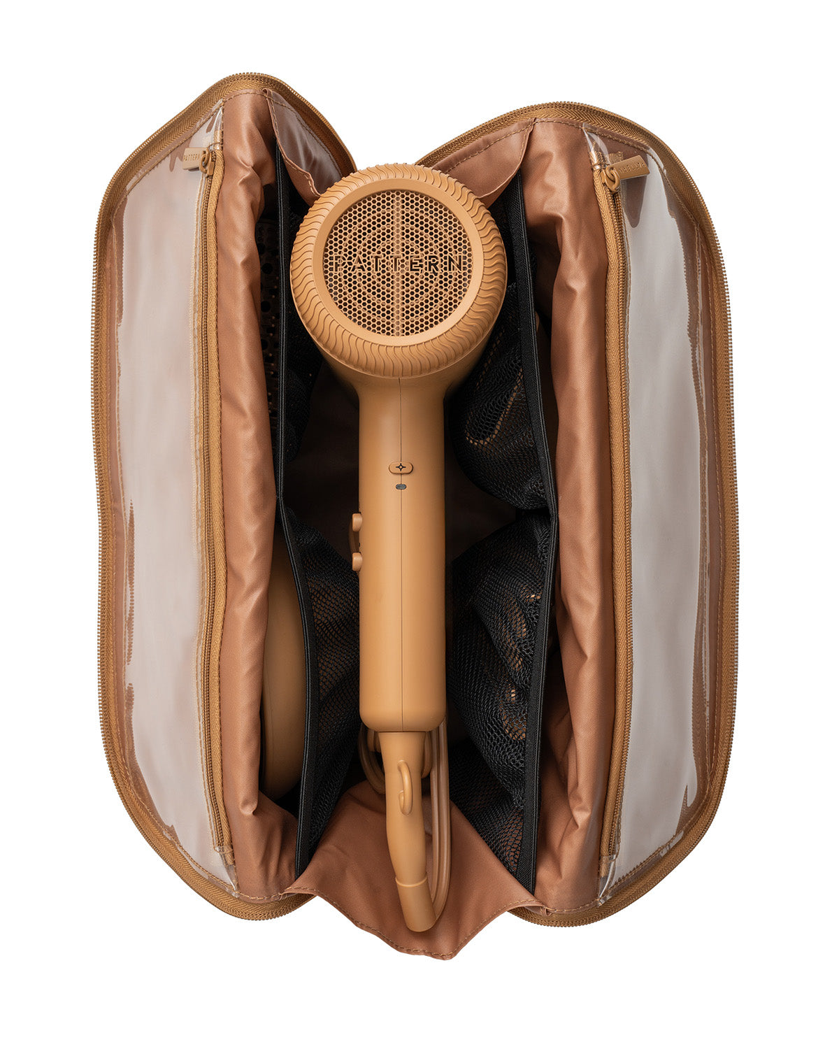 Luxe Beauty Carryall - Brown leather Luxe Beauty Carryall open to show a matching brown hair dryer inside with gold accents.
