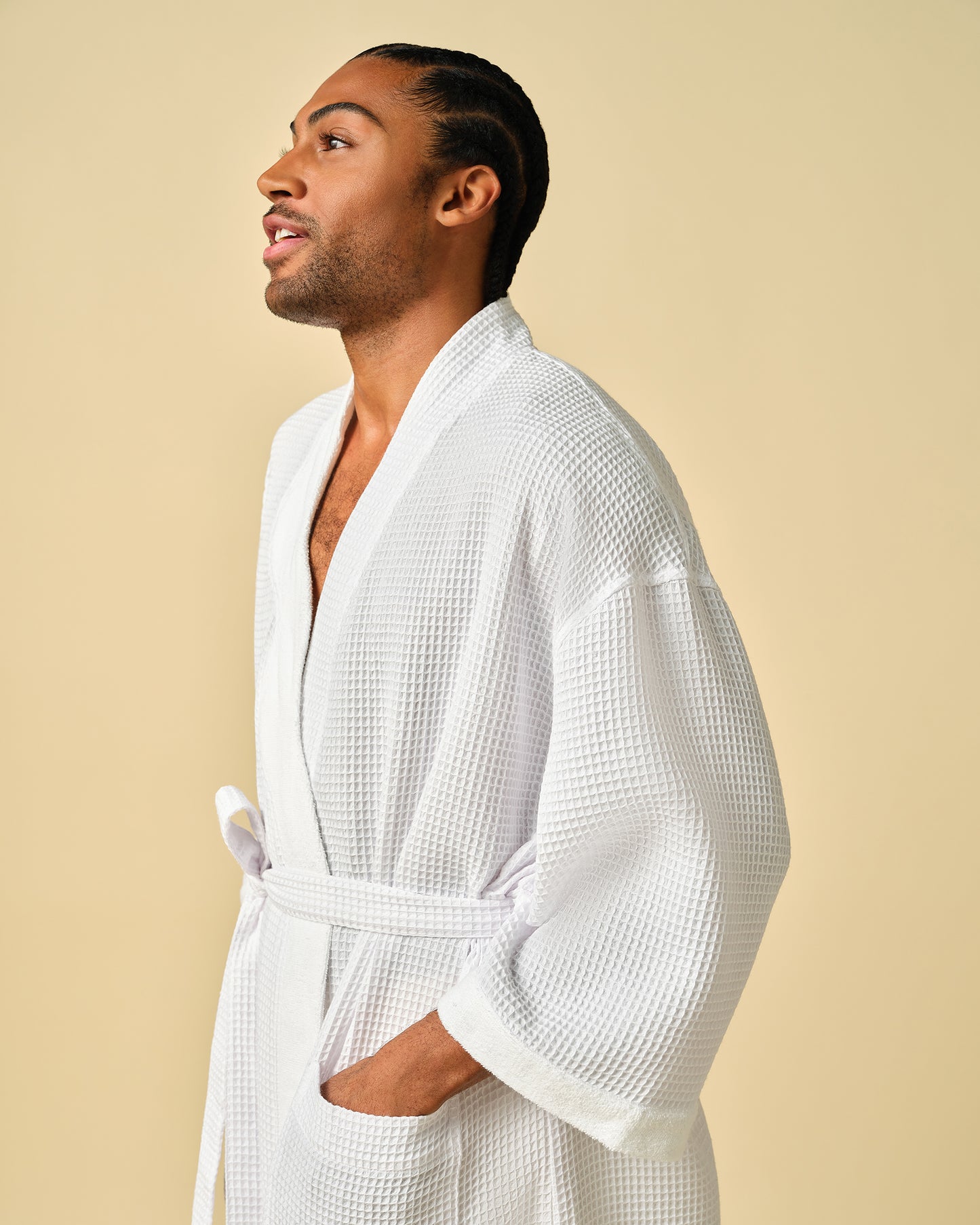 PATTERN x SERGIO HUDSON Curl-Conscious Robe - White waffle-knit robe with wide sleeves and waist tie, PATTERN Beauty by Tracee Ellis Ross.