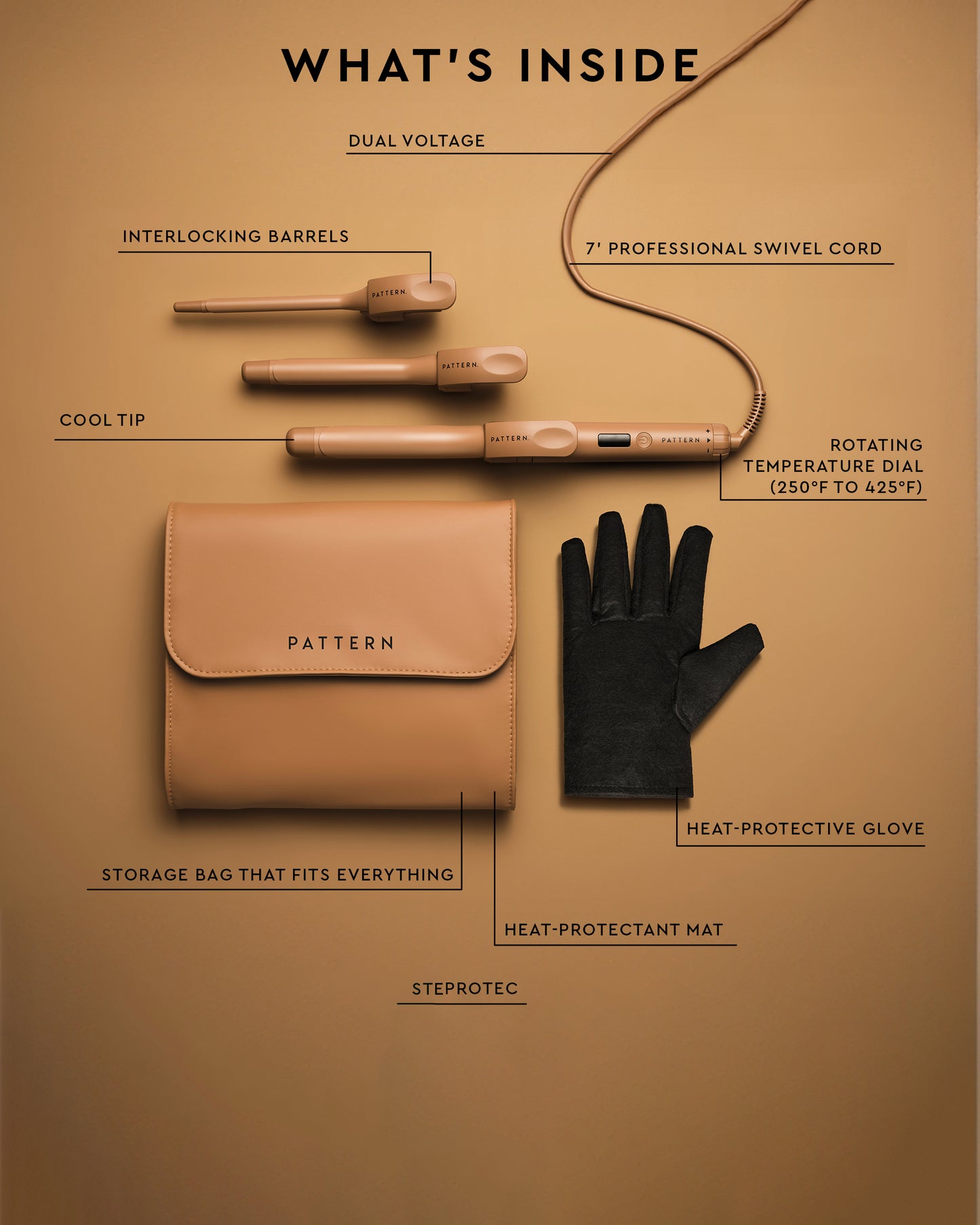 The Curling Iron & More Bundle - PATTERN Beauty by Tracee Ellis Ross curling iron with dual voltage, heat-resistant glove, mat, stylish tan storage bag, and.