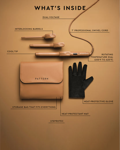 The Curling Iron & More Bundle - PATTERN Beauty by Tracee Ellis Ross curling iron with dual voltage, heat-resistant glove, mat, stylish tan storage bag, and.