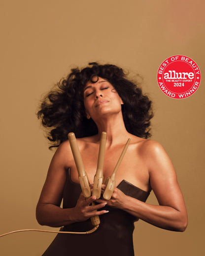 The Curling Iron & More Bundle - PATTERN Beauty by Tracee Ellis Ross Curling Iron & More Bundle with three gold curling irons against tan background.