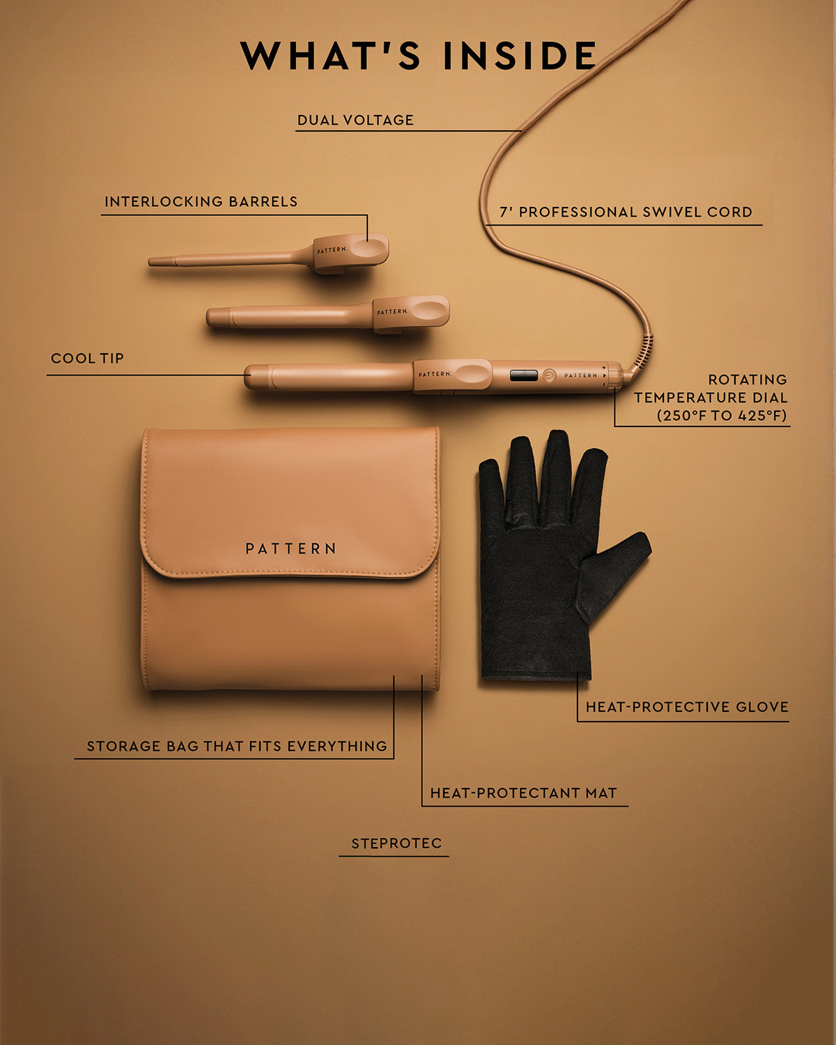 The Interchangeable Curling Iron - PATTERN Beauty interchangeable curling iron set with dual-voltage barrels, black glove, heat-resistant sleeve, tan heat.