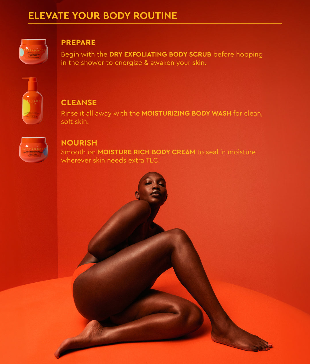 Radiant Skin Trio - PATTERN Beauty by Tracee Ellis Ross Radiant Skin Trio with body scrub, body wash, and rich body cream on orange background.