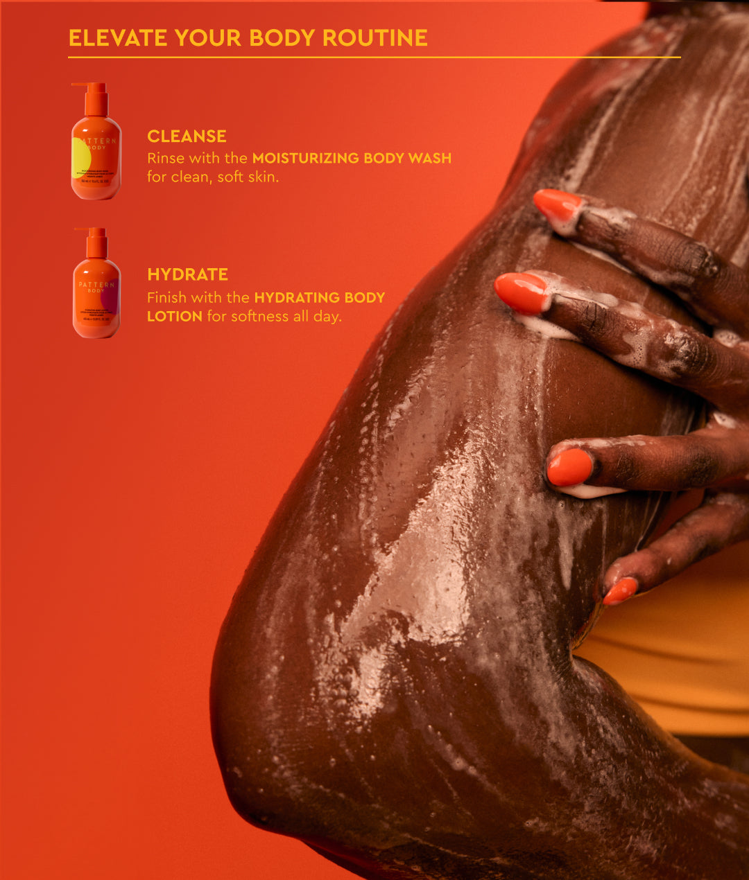 Daily Hydration Body Bundle - PATTERN Beauty by Tracee Ellis Ross Daily Hydration Body Bundle with clean, moisturized skin and body lotion application.