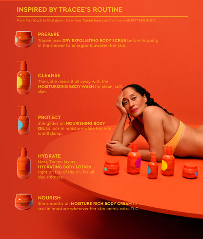 Body Full Collection Bundle - PATTERN Beauty by Tracee Ellis Ross body care bundle with vibrant orange packaging and diverse model on orange background.