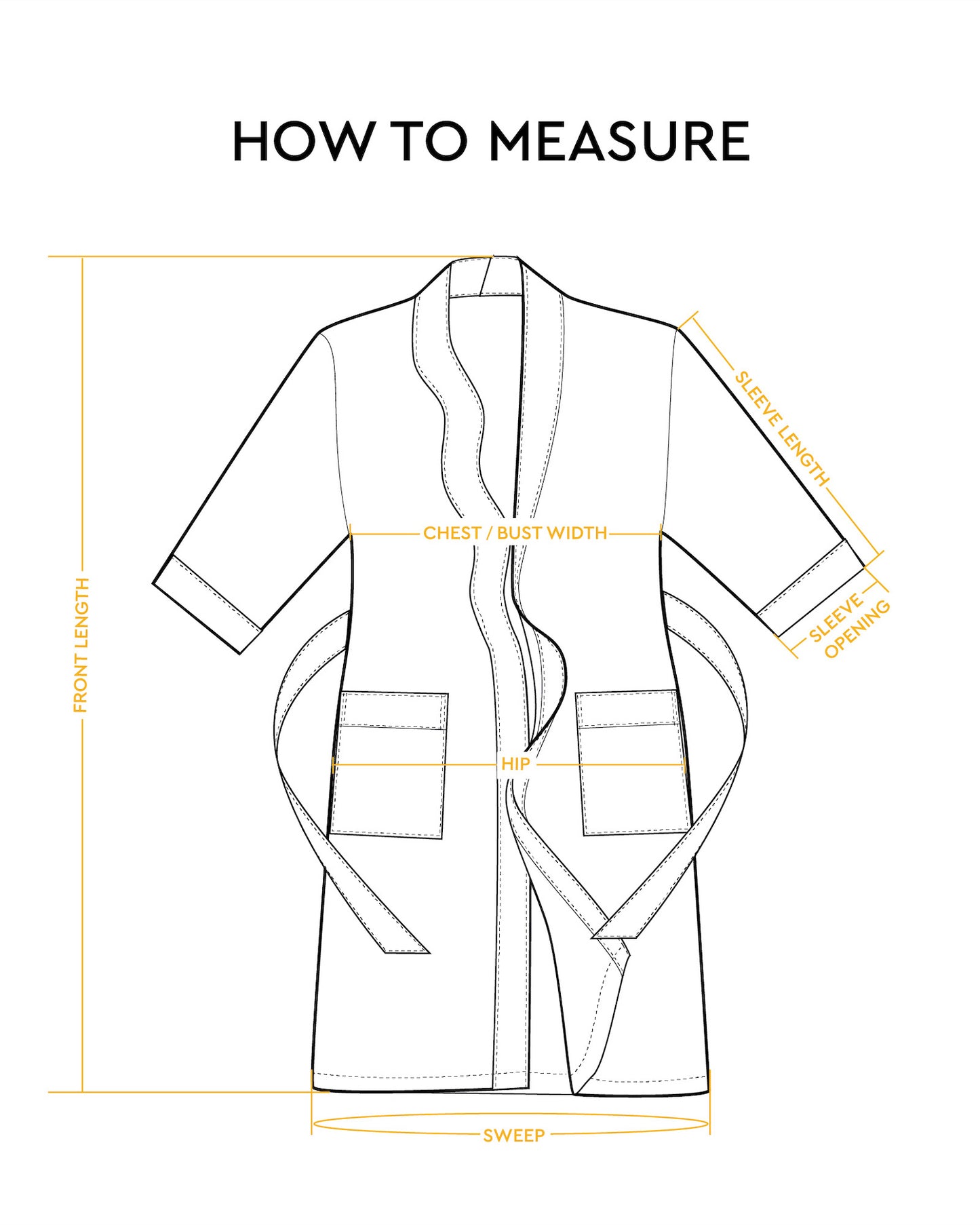 PATTERN x SERGIO HUDSON Curl-Conscious Robe - White outlined diagram of a knee-length robe with three-quarter sleeves, two front pockets, belt loops, and measurement.