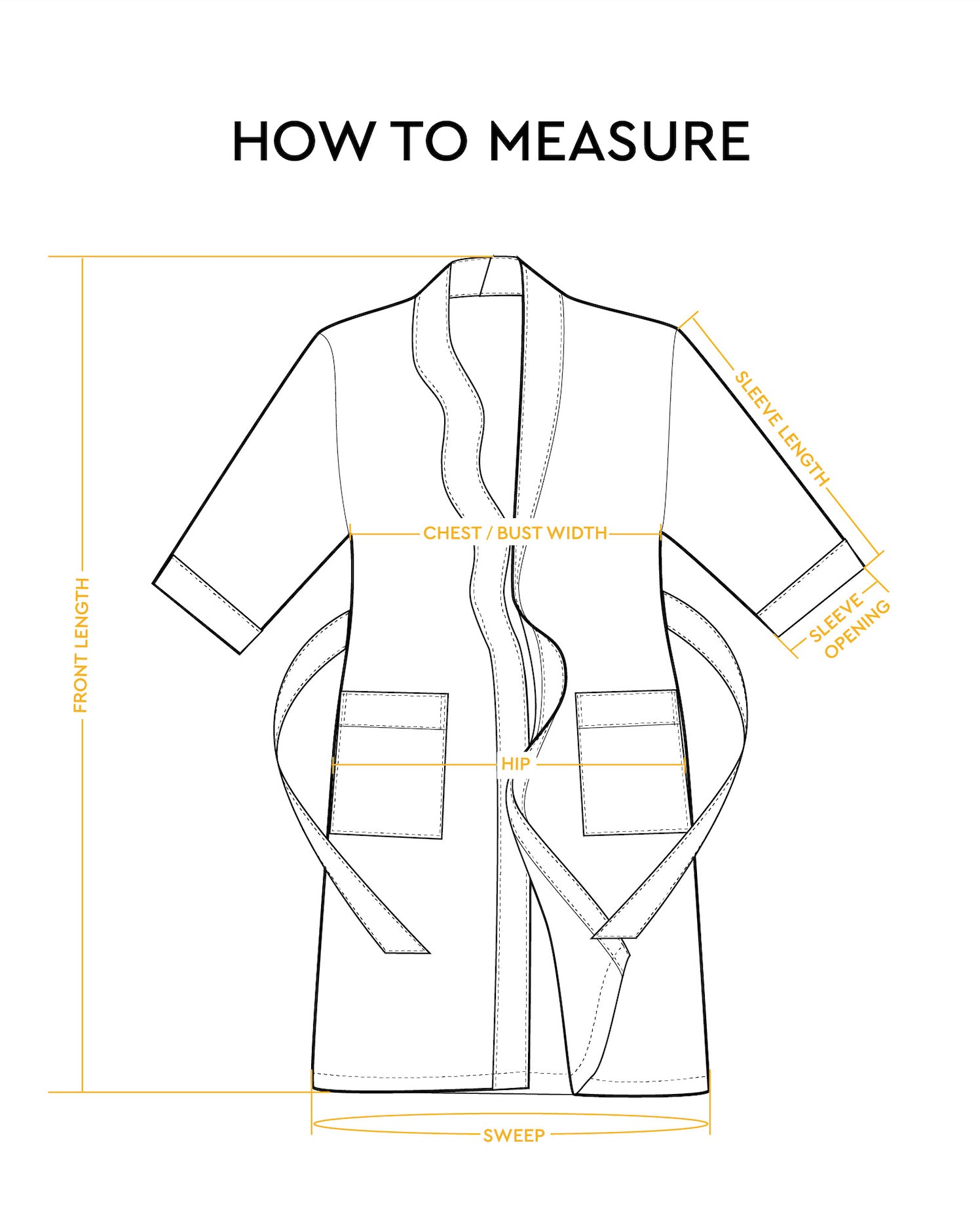 PATTERN x SERGIO HUDSON Curl-Conscious Robe - White outlined diagram of a knee-length robe with three-quarter sleeves, two front pockets, belt loops, and measurement.