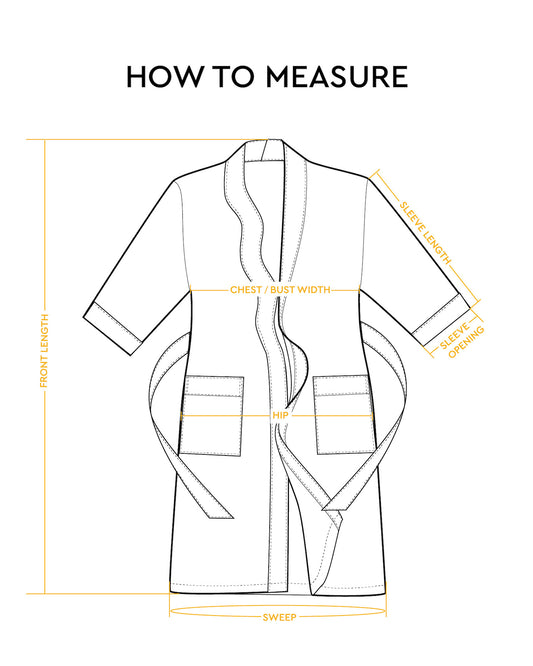 PATTERN x SERGIO HUDSON Curl-Conscious Robe - White outlined diagram of a knee-length robe with three-quarter sleeves, two front pockets, belt loops, and measurement.