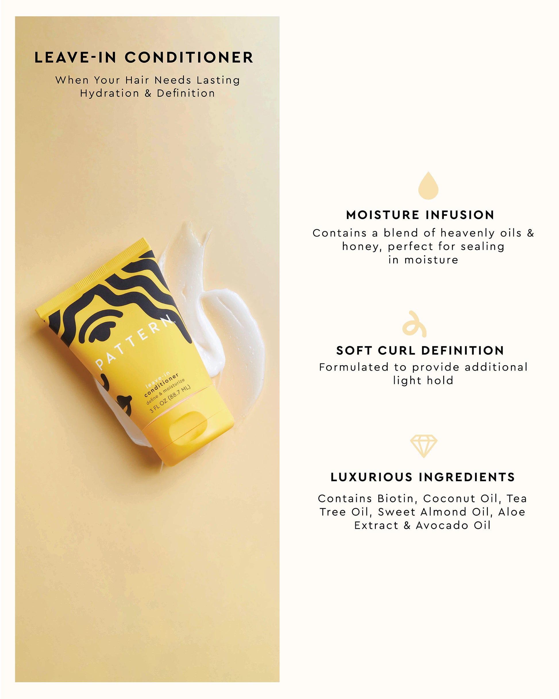 The Tight Texture Starter Bundle - PATTERN Beauty by Tracee Ellis Ross yellow Leave-In Conditioner tube with black wavy design on white background.