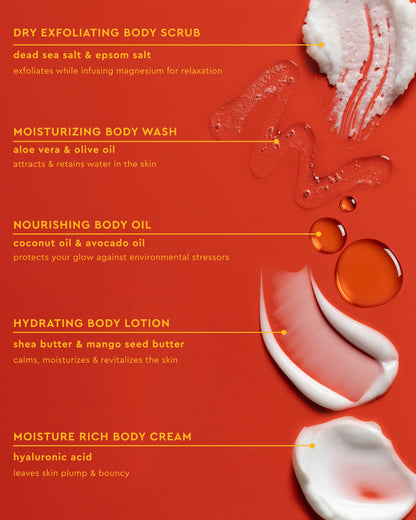 Body Full Collection Bundle - Orange background with swatches of PATTERN Beauty by Tracee Ellis Ross body scrub, body wash, body oil, lotion, and cream.