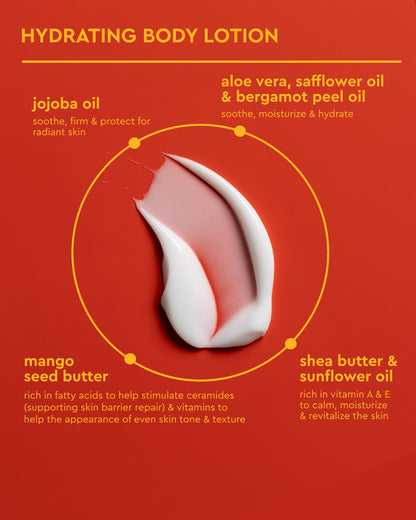 BODY-TEST GWP variant test - Hydrating body lotion swatches on orange background with PATTERN Beauty by Tracee Ellis Ross branding and key natural.