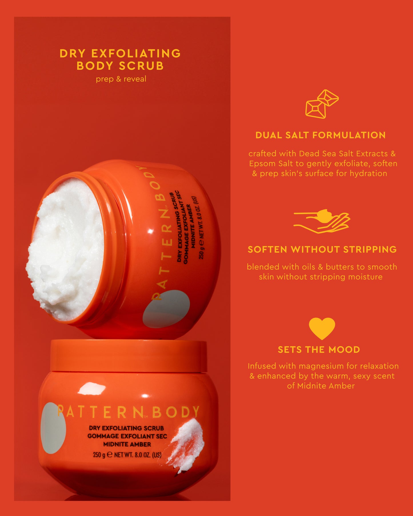 Radiant Skin Trio - Radiant Skin Trio dry exfoliating body scrub in vibrant orange jar with PATTERN Beauty by Tracee Ellis Ross logo and text.