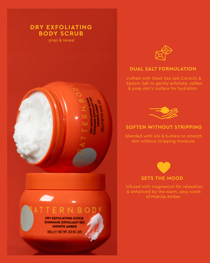 Radiant Skin Trio - Radiant Skin Trio dry exfoliating body scrub in vibrant orange jar with PATTERN Beauty by Tracee Ellis Ross logo and text.