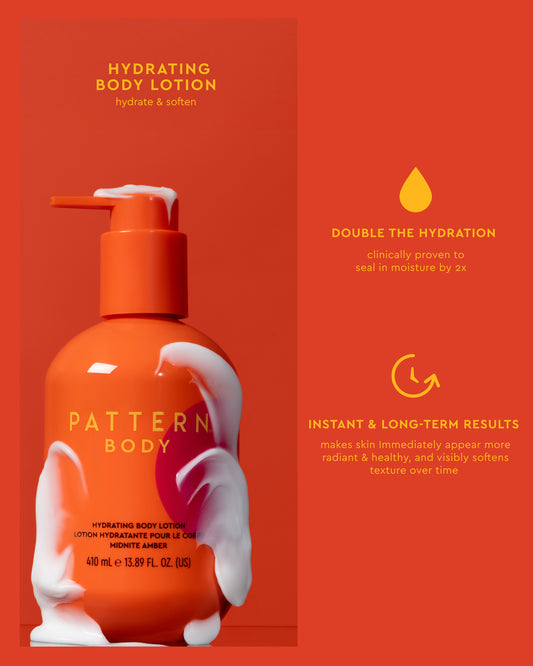 Body Full Collection Bundle - Orange PATTERN Beauty by Tracee Ellis Ross hydrating body lotion bottle with white cream swirls on the label.