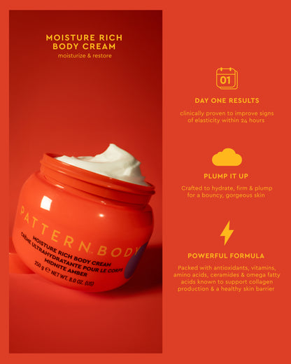 Radiant Skin Trio - Open orange jar of PATTERN Beauty by Tracee Ellis Ross moisture-rich body cream with whipped texture against orange.
