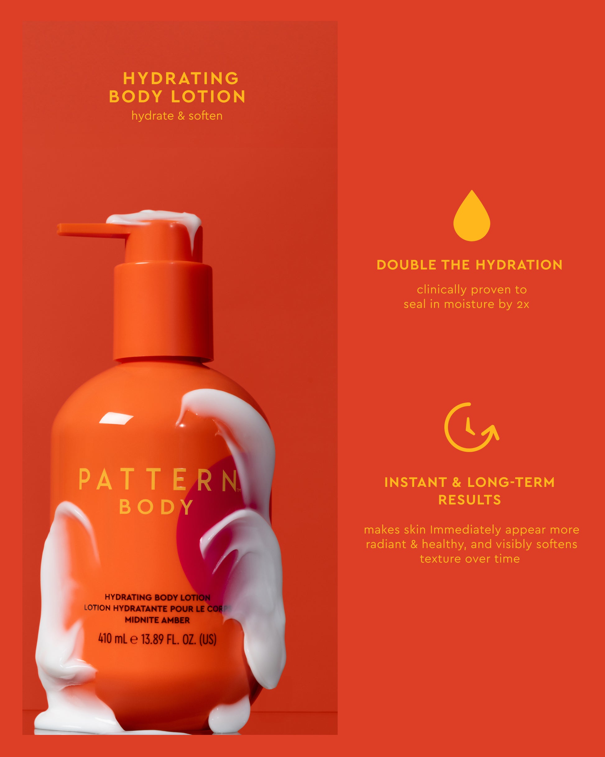 Daily Hydration Body Bundle - Orange PATTERN Beauty by Tracee Ellis Ross hydrating body lotion bottle with white cream swirl on label against matching.