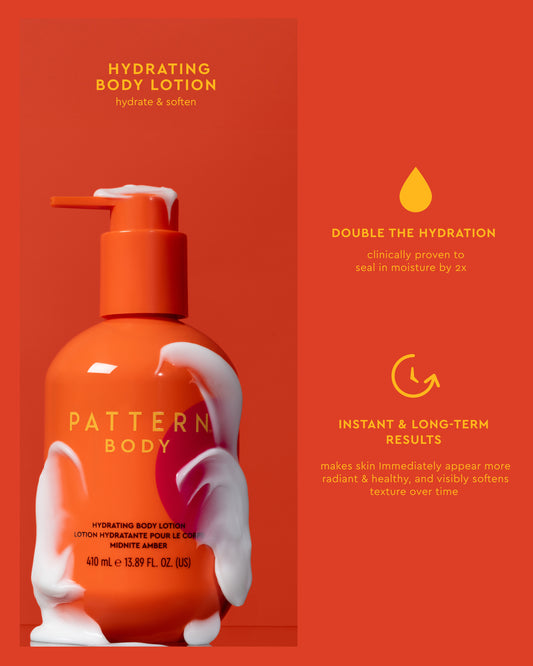 Daily Hydration Body Bundle - Orange PATTERN Beauty by Tracee Ellis Ross hydrating body lotion bottle with white cream swirl on label against matching.