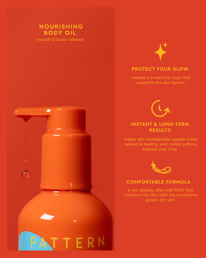 Nourishing Body Oil - Orange pump bottle of PATTERN Beauty by Tracee Ellis Ross Nourishing Body Oil with matching orange box and glowing skin.