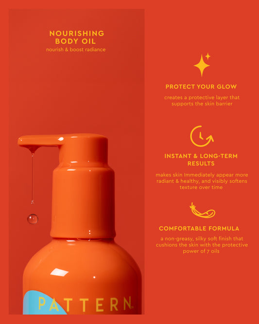 Nourishing Body Oil - Orange pump bottle of PATTERN Beauty by Tracee Ellis Ross Nourishing Body Oil with matching orange box and glowing skin.