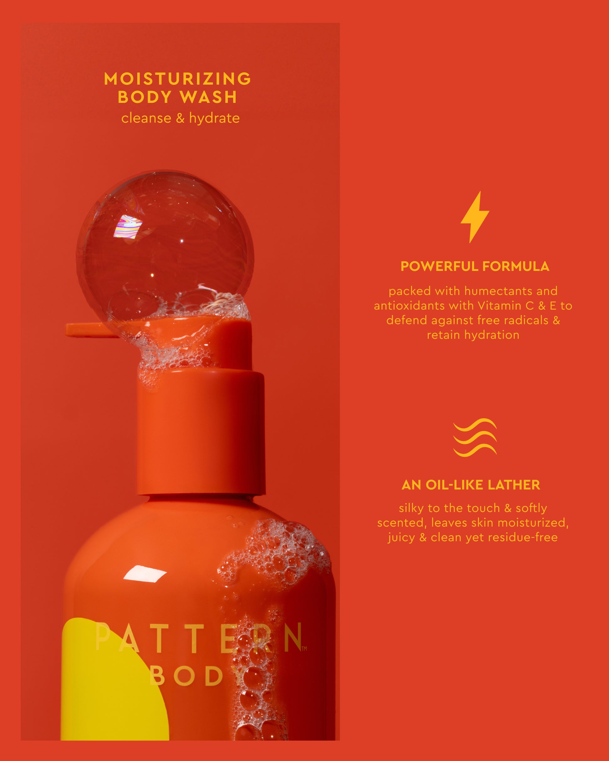 Daily Hydration Body Bundle - Orange PATTERN Beauty by Tracee Ellis Ross moisturizing body wash bottle with clear cap and bold yellow design.