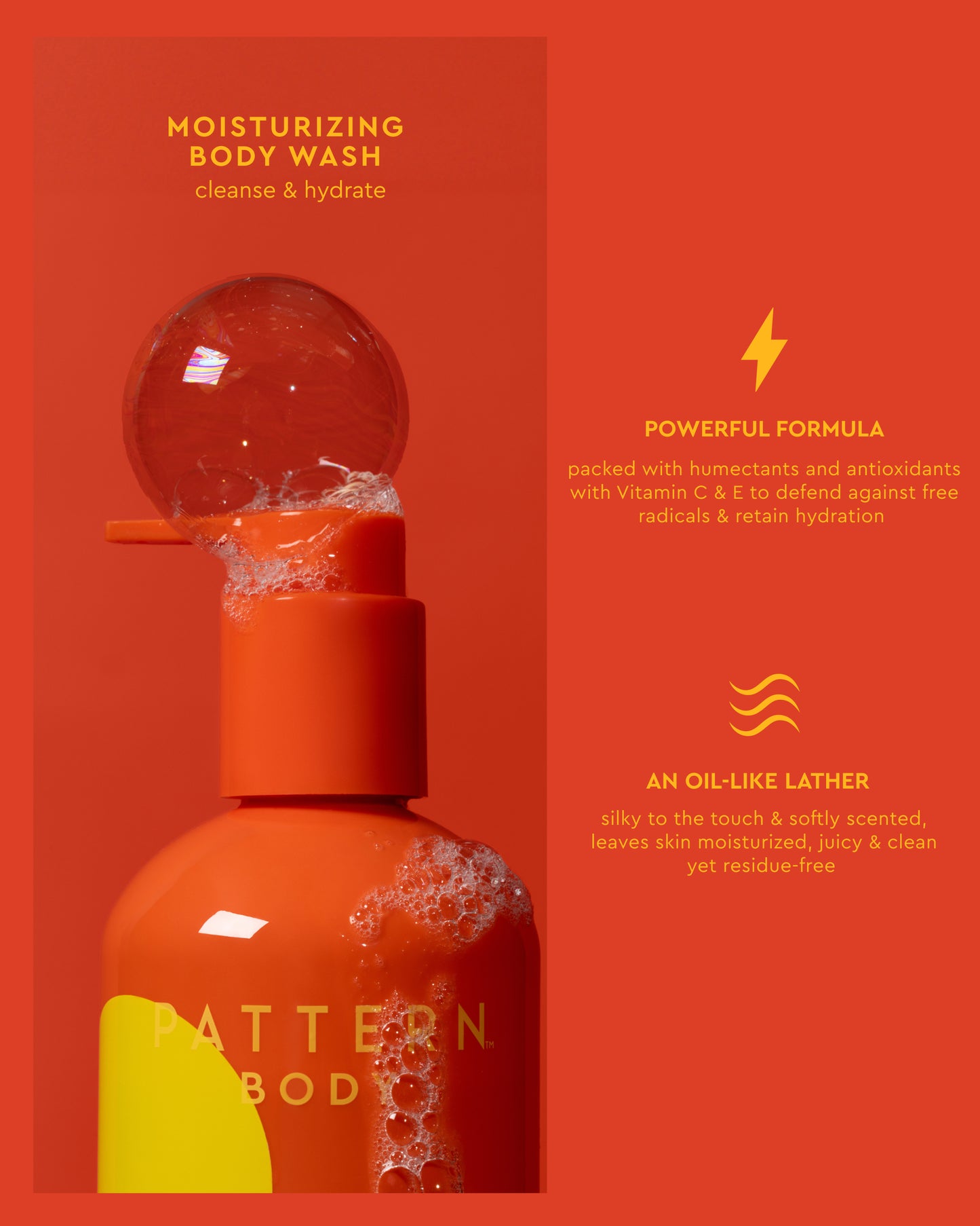 Radiant Skin Trio - Orange PATTERN Beauty by Tracee Ellis Ross moisturizing body wash bottle with pump and yellow label detail.