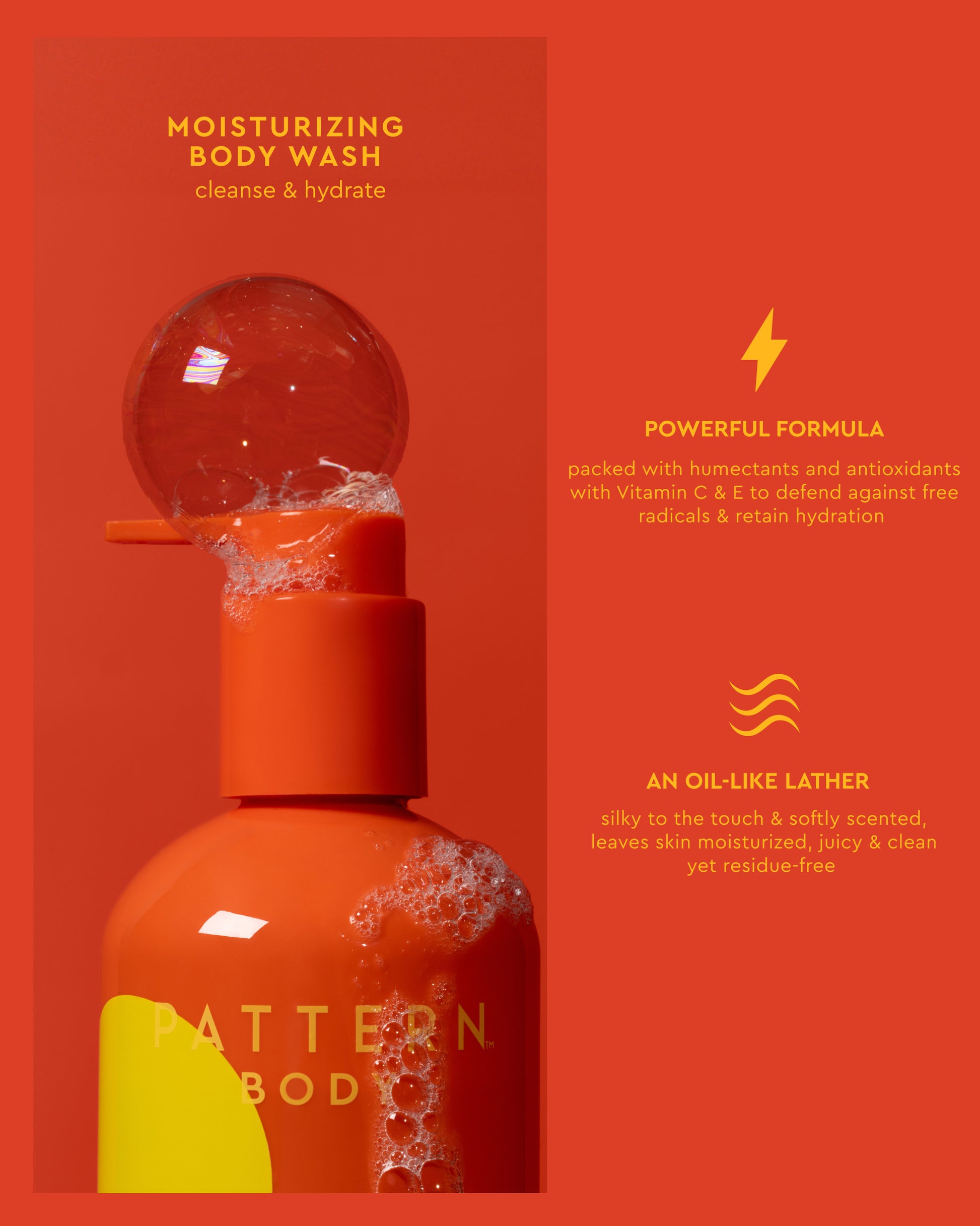 Radiant Skin Trio - Orange PATTERN Beauty by Tracee Ellis Ross moisturizing body wash bottle with pump and yellow label detail.