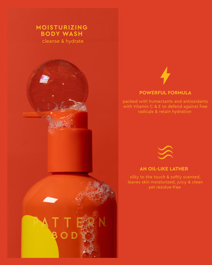 Radiant Skin Trio - Orange PATTERN Beauty by Tracee Ellis Ross moisturizing body wash bottle with pump and yellow label detail.