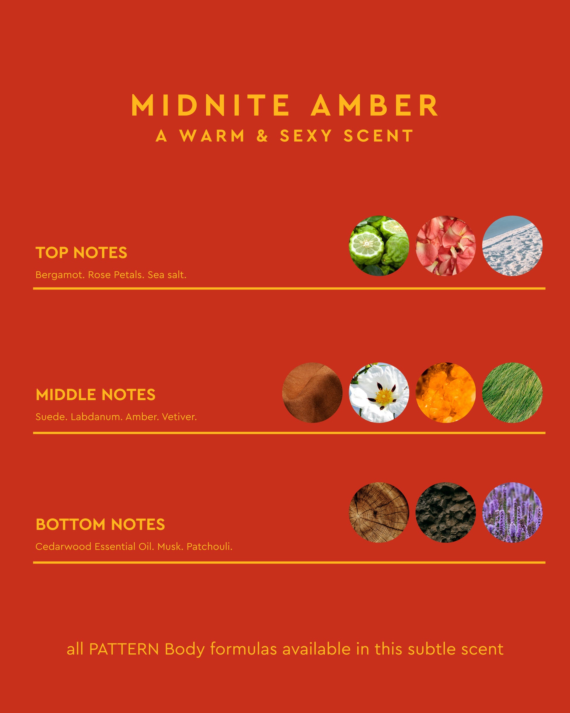 BODY-TEST GWP variant test - Midnite Amber scent notes card with red background showcasing PATTERN Beauty by Tracee Ellis Ross fragrance details.