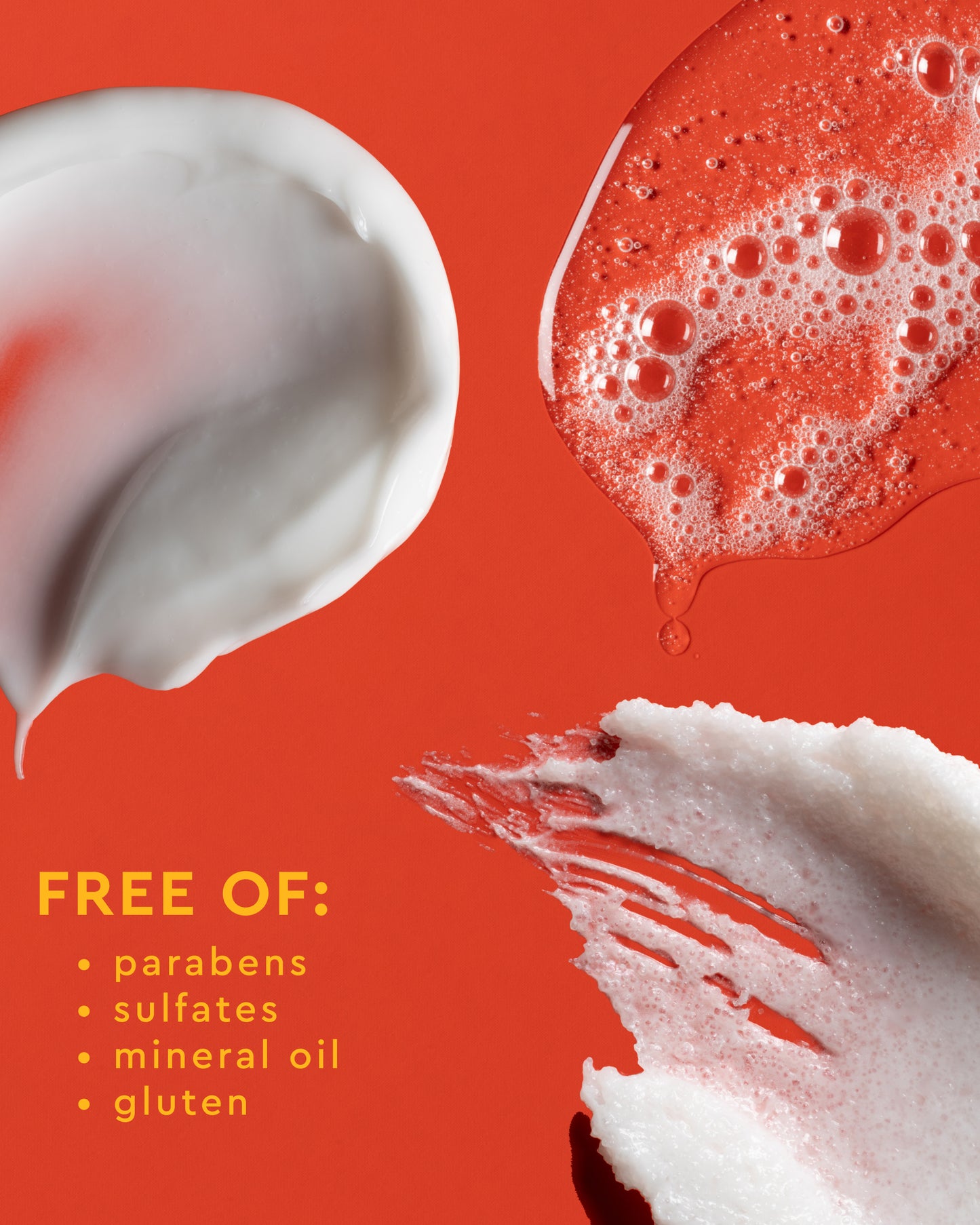 Radiant Skin Trio - PATTERN Beauty by Tracee Ellis Ross skincare product textures on vibrant orange background with free of parabens, sulfates,.