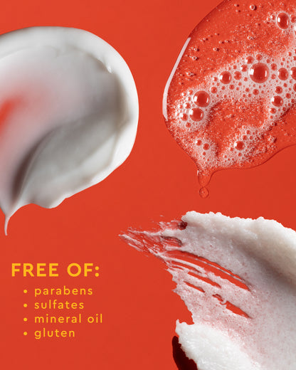 Radiant Skin Trio - PATTERN Beauty by Tracee Ellis Ross skincare product textures on vibrant orange background with free of parabens, sulfates,.