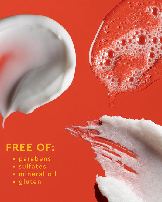 Radiant Skin Trio - PATTERN Beauty by Tracee Ellis Ross skincare product textures on vibrant orange background with free of parabens, sulfates,.