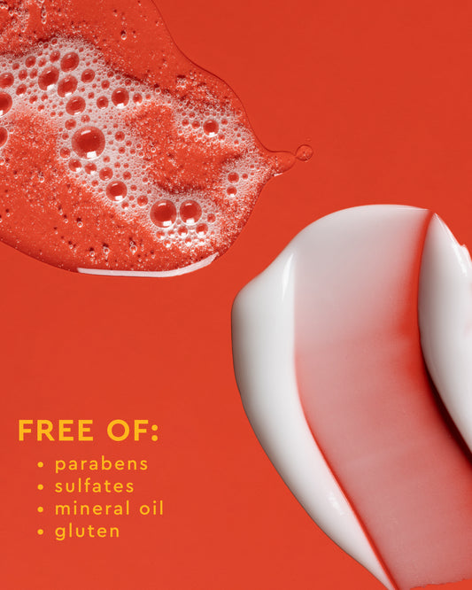 Daily Hydration Body Bundle - Red bubbly liquid and creamy white and red swirl lotion promoting PATTERN Beauty by Tracee Ellis Ross Daily Hydration Body.