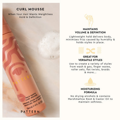 Palo Santo Mini Stylers Kit - Pattern Beauty by Tracee Ellis Ross Curl Mousse tube with peach and gold design and product benefits text.
