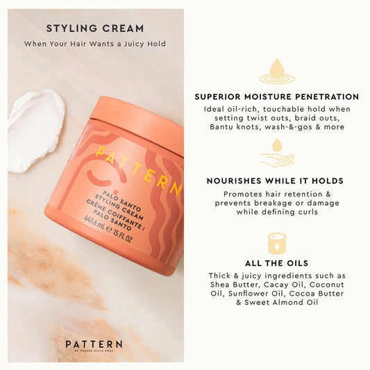 Palo Santo Mini Stylers Kit - PATTERN Beauty by Tracee Ellis Ross Palo Santo Mini Stylers Kit with orange styling cream jar on beige silk fabric background.