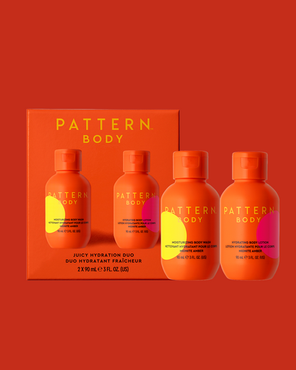 Juicy Hydration Duo - PATTERN Beauty by Tracee Ellis Ross Juicy Hydration Duo with bright orange and yellow bottles in orange box.