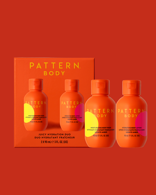 Juicy Hydration Duo - PATTERN Beauty by Tracee Ellis Ross Juicy Hydration Duo with bright orange and yellow bottles in orange box.
