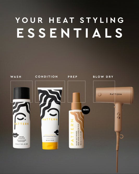 Pattern Heat Styling Essentials set featuring a hair dryer, shampoo, conditioner, and styling cream arranged on a dark gradient background with labeled steps: Wash, Condition, Prep, and Blow Dry.
