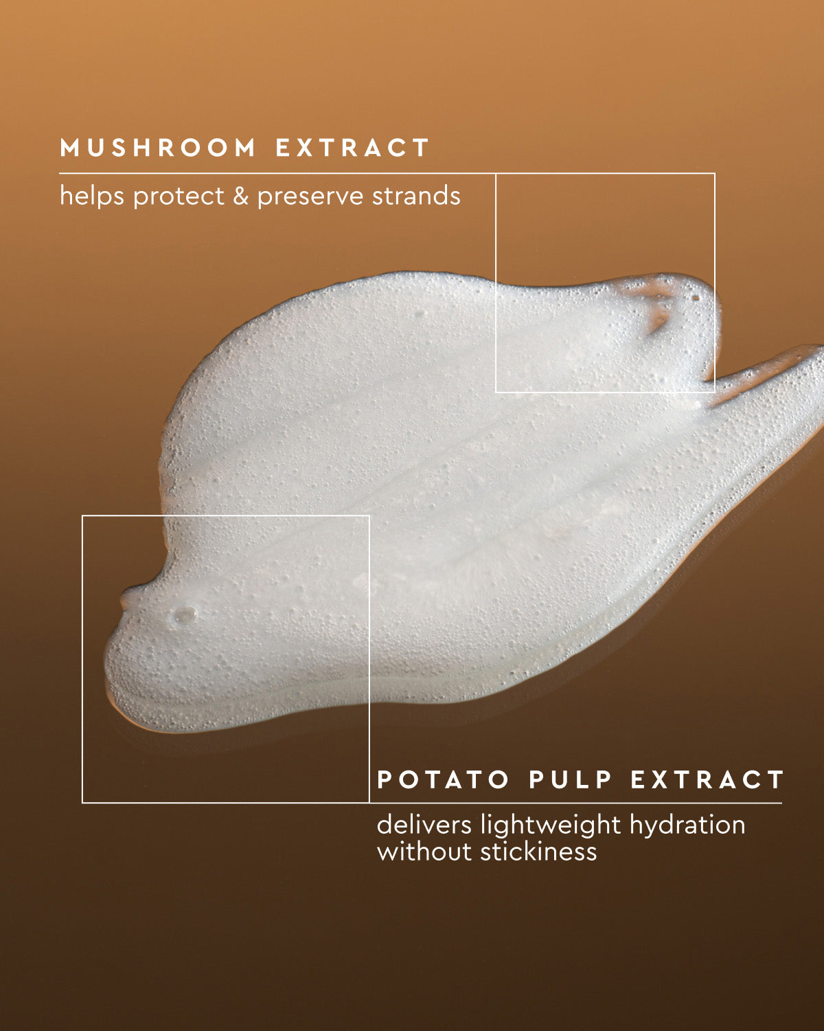 A close-up of a white creamy product smear on a warm brown gradient background, with text reading 'MUSHROOM EXTRACT' and 'POTATO PULP EXTRACT' plus descriptive copy about hydration and preservation.