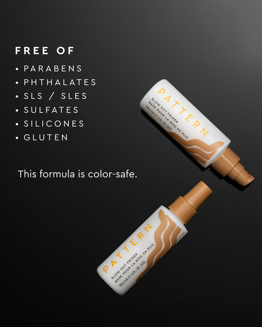 Two bottles of Pattern Blowout Spray with color-safe heat protectant, displayed diagonally on a dark gradient background with text highlighting key ingredients and claims.