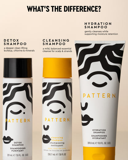 Three Pattern brand shampoo bottles and tubes on a beige background under the heading 'WHAT'S THE DIFFERENCE?'. The products include Detox Shampoo with a black cap and white/yellow label, Cleansing Shampoo with a yellow cap and white/yellow label, and Hydration Shampoo in a white tube with black abstract face graphics and yellow text.