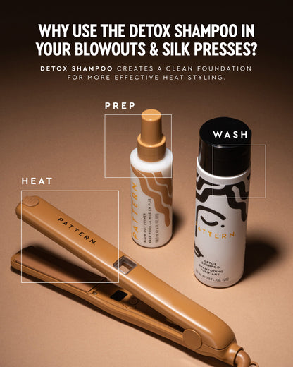 A promotional graphic for Pattern brand hair care products on a warm brown background. It shows a tan Pattern hair straightener in the foreground, with two Pattern bottles behind it labeled Prep and Wash, plus large text explaining the use of detox shampoo in blowouts and silk presses.