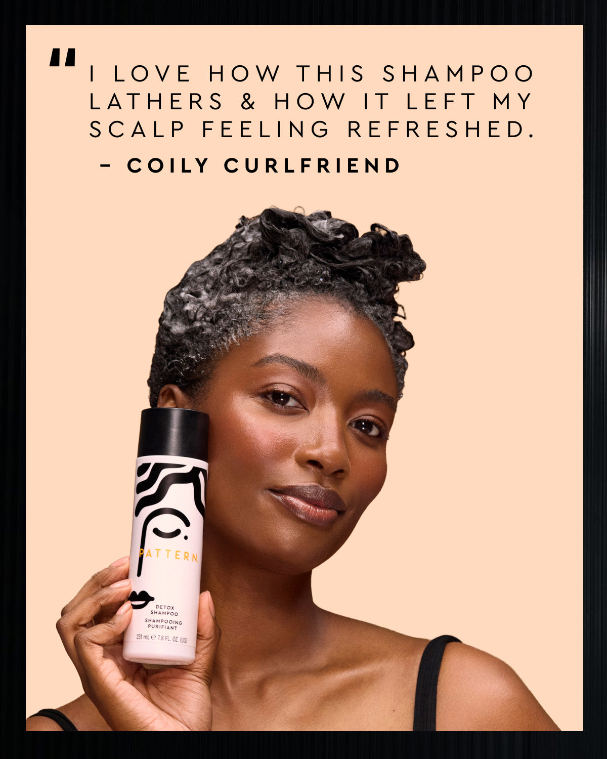 A woman with styled curly hair holds a bottle of Pattern Curly Curling Shampoo against a peach background, with a testimonial quote at the top.